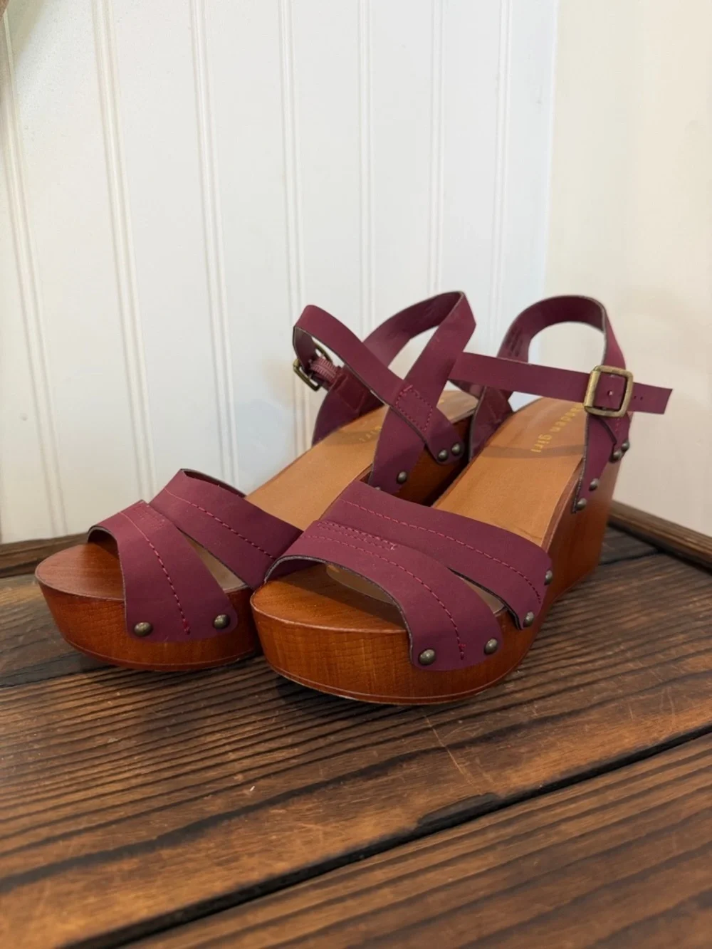 Madden Girl Darce Burgundy Strappy Wood Platform Sandals
